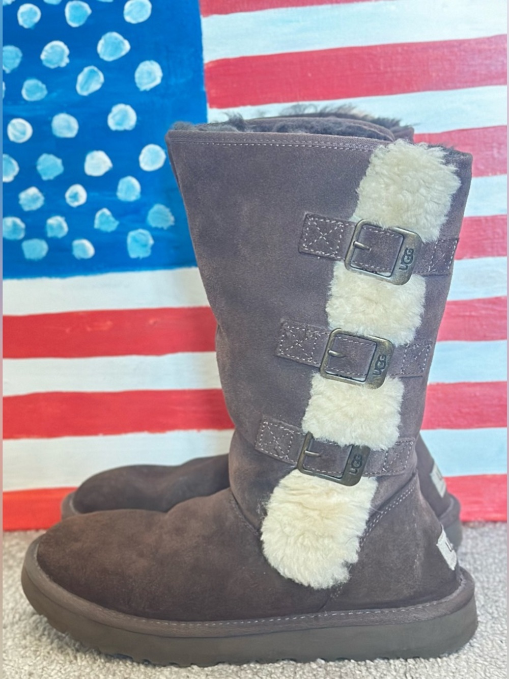 UGG Brown Suede Mid-Calf Boots with Cream Shearling Trim and Buckles